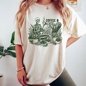 Coffee and Plants Shirt, Skeleton Plant Lover Tshirt, Staying Alive T-Shirt